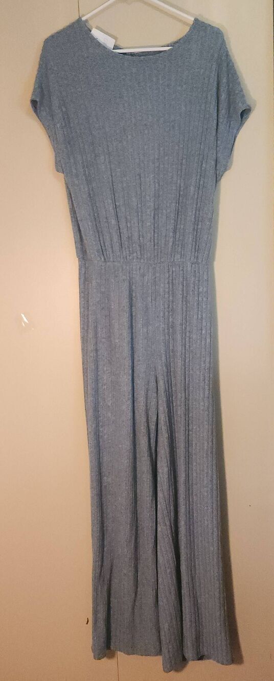 D10 Soft Rib Knit Blue Gray Jumpsuit-wide flowy legs cap sleeves elastic waist L